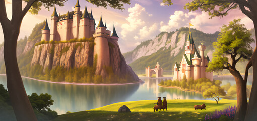 Fototapeta na wymiar Fantastic Landscape. A castle on a hill by a lake. The mountains on the horizon. Wallpaper. Illustration of a fairy tale.
