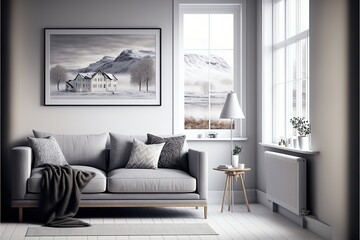 White minimalist living room interior with sofa on a wooden floor, pictures on a large wall, white landscape in window. Home nordic interior.. Generative AI