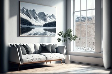 White minimalist living room interior with sofa on a wooden floor, pictures on a large wall, white landscape in window. Home nordic interior. Generative AI
