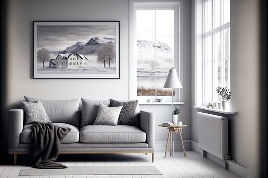 White minimalist living room interior with sofa on a wooden floor, pictures on a large wall, white landscape in window. Home nordic interior.. Generative AI