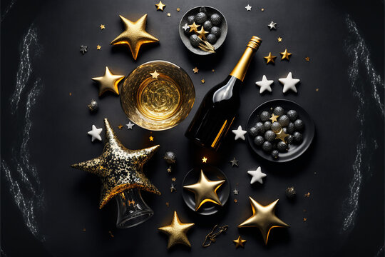 Top view photo of champagne bottle, gold stars, gold cups on a dark background