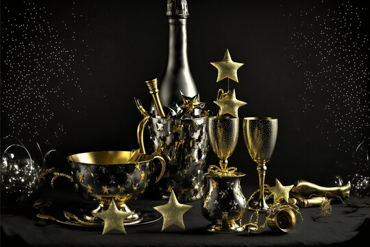 Gold stars gold cups champagne bottles and silver standing