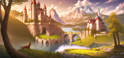 Obraz premium Fantastic Landscape. A castle on a hill by a lake. The mountains on the horizon. Wallpaper. Illustration of a fairy tale.