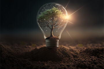 tree growing on light bulb in the dark concept of Grow a Tree with the Power of a Single Light Bulb and Help Save the Planet, Generative AI
