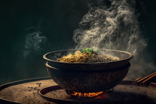 Digital art of  steamy noodles in a bowl with smoke background