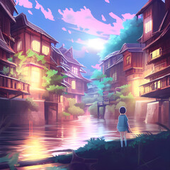 evening in the city anime world