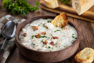 New England clam chowder with bacon, parsley and toasted bread - obrazy, fototapety, plakaty