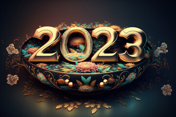 A Happy New Year card with Golden 2023 Numbers on Ornate Bowl with Floating Flowers. Generative AI.
