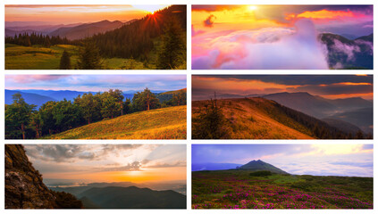 picturesque sunrise collection of images in mountains, scenic morning dawn, nature colorful background, Europe mountains