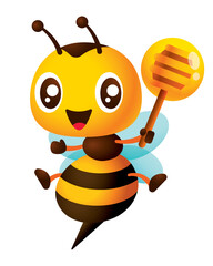 Cartoon cute smiling bee cartoon holding honey dipper with fresh honey on it. Bee character open legs wider with sharp bee stinger