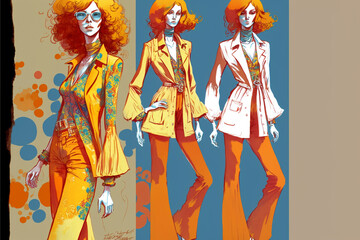 Retro Chic: Sketch of a Model in Orange 70s Outfits with glasses