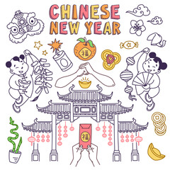 Chinese New Year traditional symbols doodle set. Hand drawn vector illustration. Chinese characters translation:"Good Luck".  Outline stroke is not expanded, stroke weight is editable