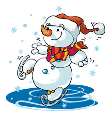 cute figure skater snowman in red scarf and santa hat