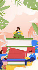 Reading characters flat vector illustration
