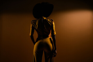 Bold and Beautiful: 70s Outfits on a Black Model with Afro Hairstyle, from behind
