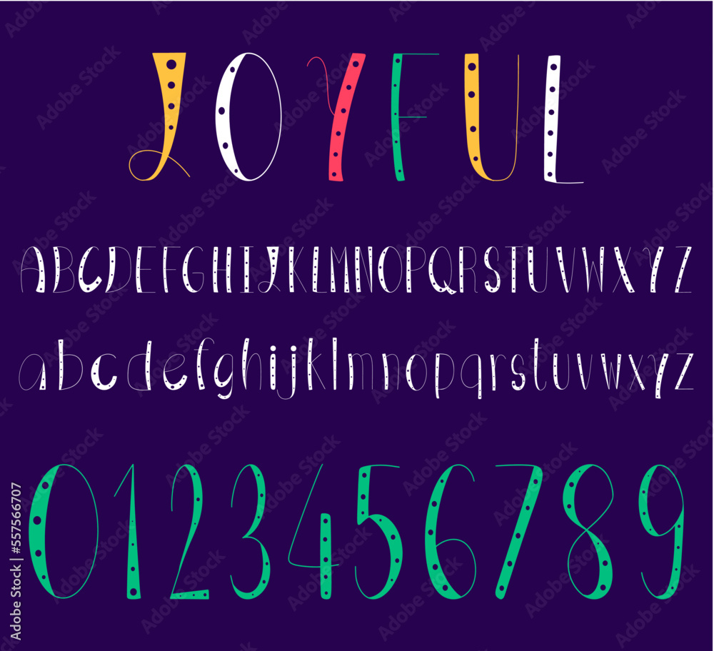 Fototapete joyful font alphabet letter and number display style vector and illustration