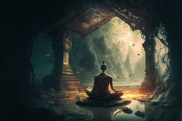 Tranquil Meditation Sanctuary: A monk in deep contemplation within an ancient, mystical forest temple, surrounded by ethereal light and floating leaves, evoking inner peace and spirituality 