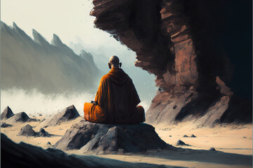 Fototapeta na wymiar Monk in deep meditation in a serene, mountainous landscape, embodying peace and mindfulness, ideal for spiritual and meditative content. generative ai 