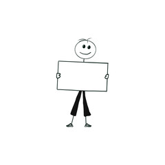 Minimalist and funny black and white illustration of a character presenting. Business concept. Hand-drawn man with a presentation sign. Support for training, slide show.