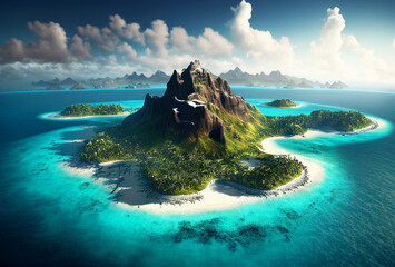 Bora Bora Aerial view. Tahiti, French Polynesia. White Sandy Beach and Mountain. Palm Trees and Blue Lagoon. Generative Ai Art. - obrazy, fototapety, plakaty
