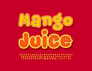 Vector playful logo Mango Juice. Red and Yellow handwritten Font. Bright Modern Alphabet Letters and Numbers