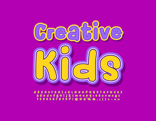Vector bright emblem Creative Kids with artistic Font. Handwritten cute Alphabet Letters, Numbers and Symbols set