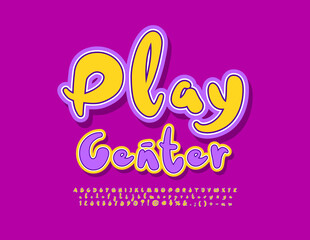 Fototapeta na wymiar Vector funny sign Play Center. Bright handwritten Font. Artistic Alphabet Letters and Numbers.