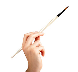Paintbrush, paint brush in hand of artist, making brushstroke isolated on white background