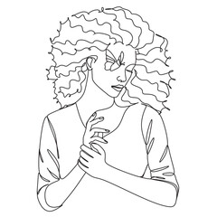 Line Art Woman Face Drawing. Black Woman Vector. Afro American Female Logo. Woman face with butterfly and flowers. Contouring Line. Minimalist Face. Beauty salon logo.