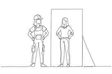 Illustration of blue collar worker looking into business woman version of self in the mirror. Single continuous line art style