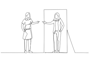 Cartoon of business woman in the reflection looked by casual version self. Single line art style