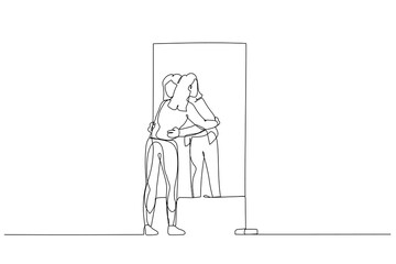 Cartoon of business woman hugging own reflection on the mirror concept of self love. Single line art style - obrazy, fototapety, plakaty