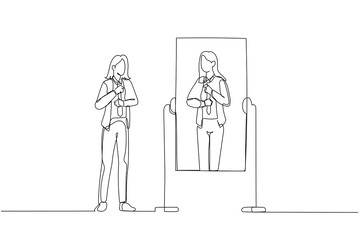 Drawing of business woman getting ready to work looking into mirror. One continuous line art style