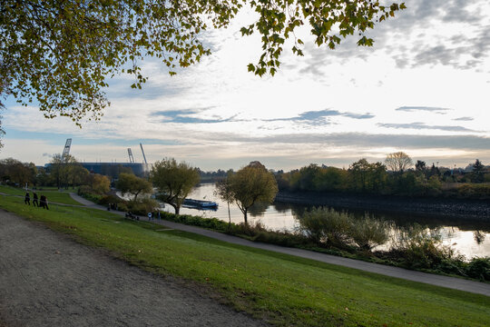Panorama of the stadium along the river Weser in Bremen, Germany