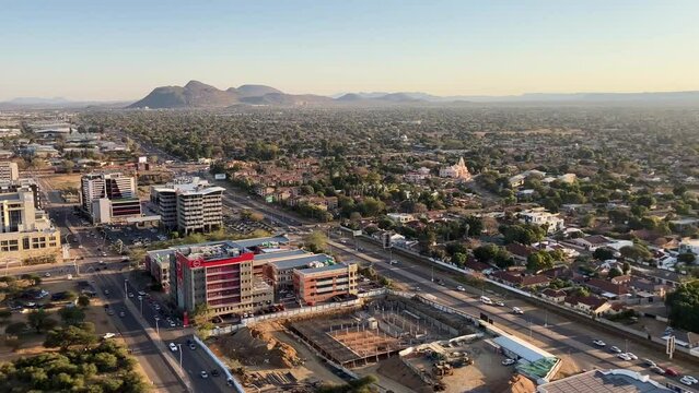 Gaborone Botswana aerial view of the city's central business district at sunset