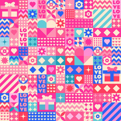 Pink mosaic pattern for Valentine's Day. Hearts, flowers, confessions of love, gifts and lots of love in one design. Perfect as a gift wrap, wallpaper, clothing, web page background.