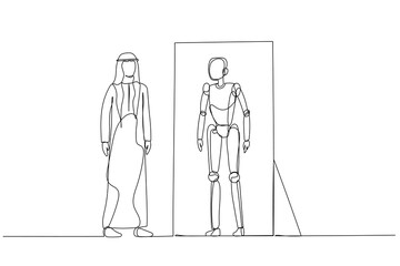 Cartoon of arab man looking into mirror and seeing robot version of self concept of Artificial Intelligence. Continuous line art style