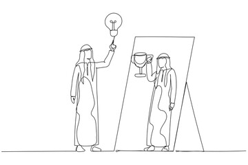 Cartoon of arab man having ide lightbulb looking into mirror have reflection holding award trophy. Single continuous line art style