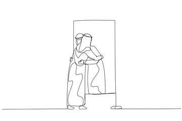 Illustration of arab man hugging own reflection on the mirror concept of self love. One line art style