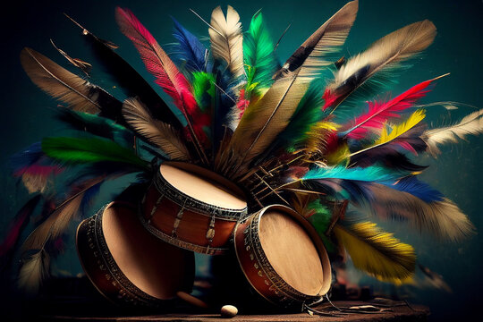 Brazilian carnival concept idea. Multicolored feathers and ethnic Latin American drums background. Exotic, festival, fun. Generative Ai image illustration. 