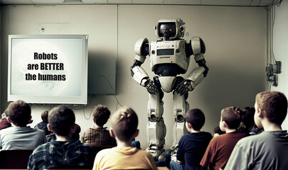 Un robot donne un cours à des enfants dans une salle de classe - illustration générée par IA - obrazy, fototapety, plakaty