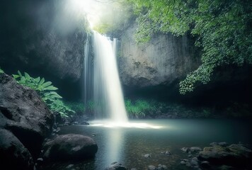 Fototapeta na wymiar illustration of waterfall , water run down in white steam from rock cliff