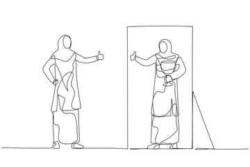 Cartoon of woman wear hijab looking into mirror self giving thumb up concept of self love. Single line art style