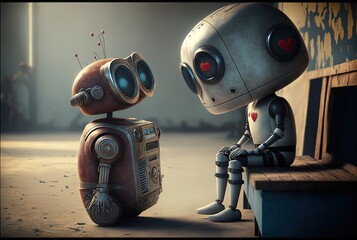 Fototapeta premium togetherness and not be alone concept illustration of 2 robots friend looking at each other 