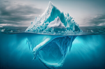 Fototapeta na wymiar Iceberg With Above And Underwater View in the ocean. Affected by climate change and global warming. Generative AI