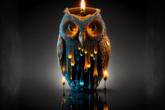 A Dripping Melted Candle In A Shape Of An Owl. Generative AI	