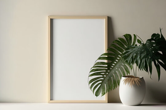 On a beige wall, a blank wooden picture frame is hanging. mock up of an empty poster for a piece of outdoor art. a minimalist interior. overlay of shadowy palm foliage. Summertime style. Copy space No