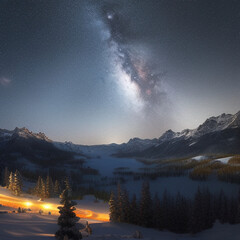 small town lights in the valley with starry sky over snow-covered mountains at night