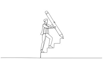Drawing of businessman use huge pencil draw staircase climbing up ladder concept of business development. Single continuous line art style