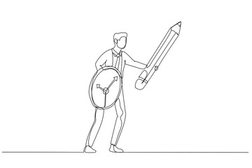 Obraz premium Drawing of businessman using pencil as sword and clock as shield concept of procrastination or time management. Continuous line art